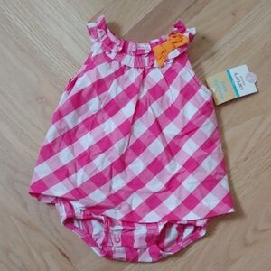 Pink and White Checkered Baby Romper with Orange Bow